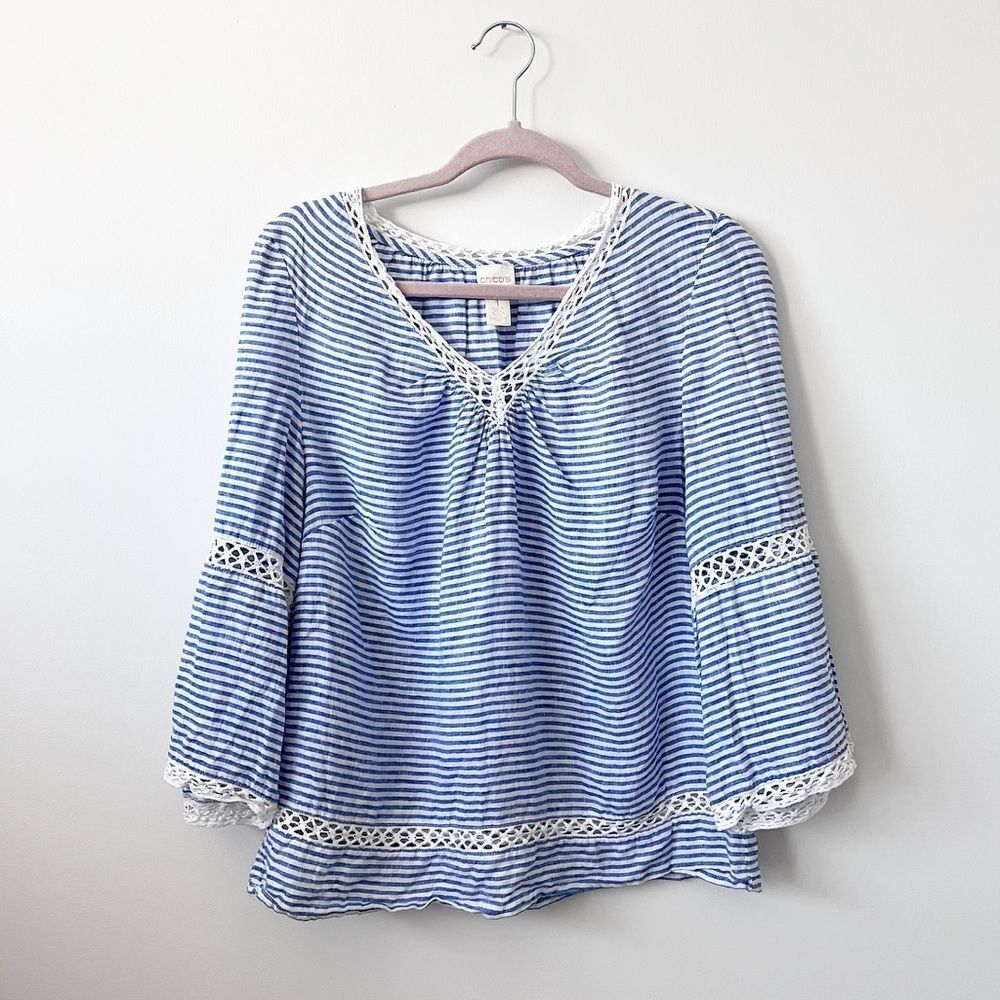 Chico’s linen blue & white striped crochet trim blouse